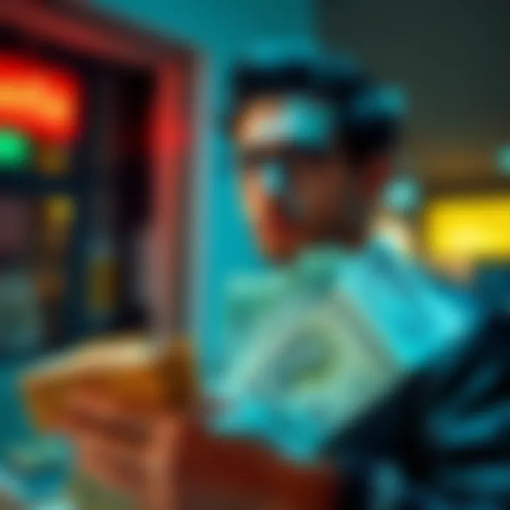 A person holding lottery tickets and cash, looking thoughtful about their chances of winning.