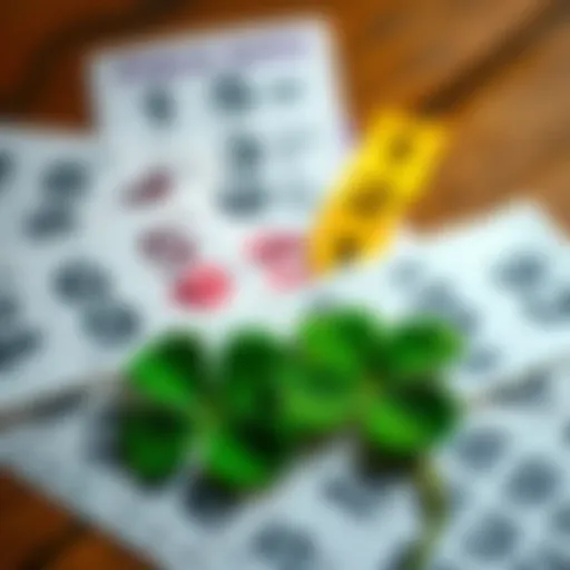 Lottery Tickets and Lucky Numbers A collection of lottery tickets with various numbers and a lucky four-leaf clover on a table