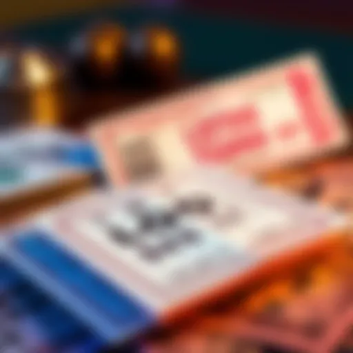 A display of lottery tickets with money and a winning ticket in the background.