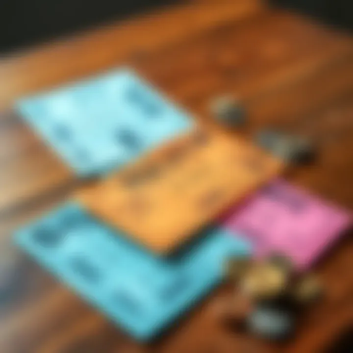 Three colorful lottery tickets laid out on a wooden table with a small pile of coins nearby.