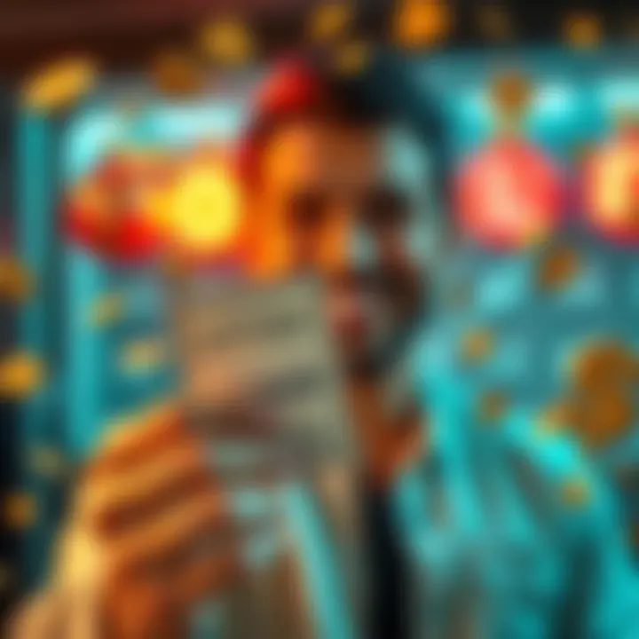 A person holding a lottery ticket with a smile, surrounded by cash and lucky symbols, representing good fortune and positive energy.