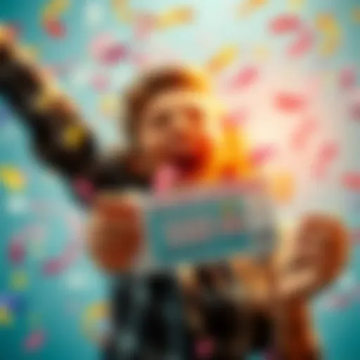 A joyful person holding a lottery ticket with a $60 win displayed, surrounded by confetti and excitement, symbolizing victory in online lottery play.