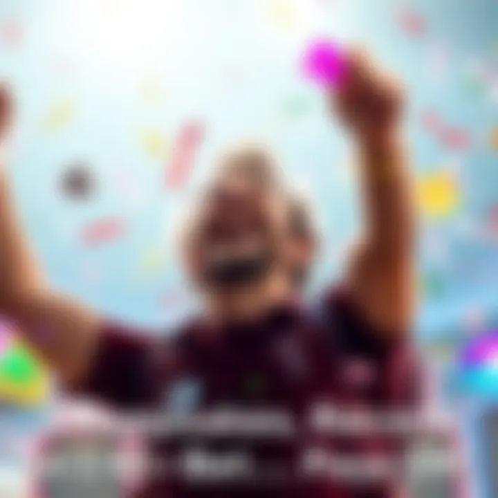 Player celebrating a lottery win A person joyfully celebrating after winning $700 from a $2.40 bet, with a bright background and confetti in the air.