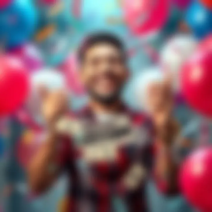A person holding a winning lottery ticket with a big smile, surrounded by balloons and confetti, expressing joy and excitement