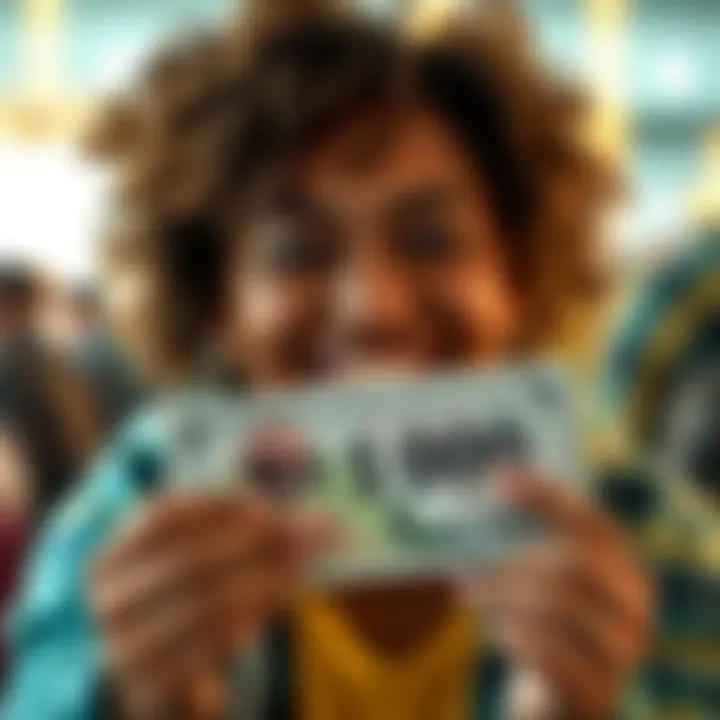 Lottery winner holding cash A lottery winner smiles while holding a cash prize of R$ 1,000, celebrating their luck after purchasing a winning ticket