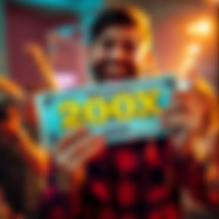 Lottery winner celebrating with cash Happy lottery winner holding cash after finding the 200X symbol on their ticket