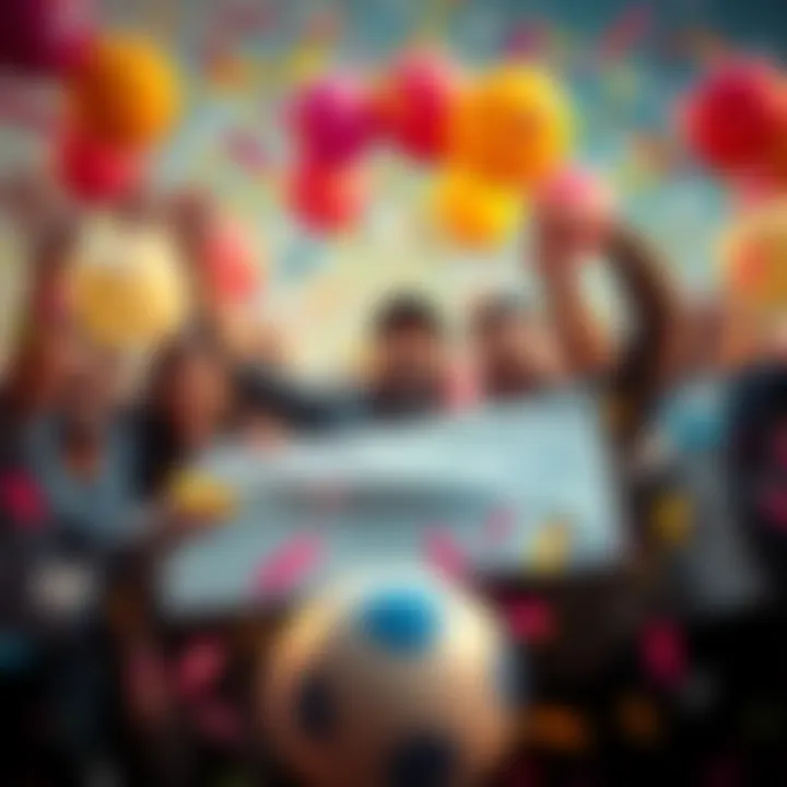 A group of joyful people celebrating after winning the state lottery with confetti and balloons