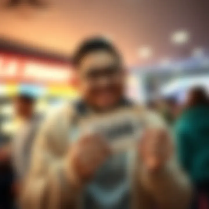 A happy lottery winner holding a $20 scratch-off ticket after winning $100