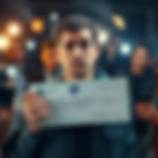 A lottery winner holding a check with a worried expression, surrounded by flashbulbs and people asking questions, showing the pressure of sudden fame.