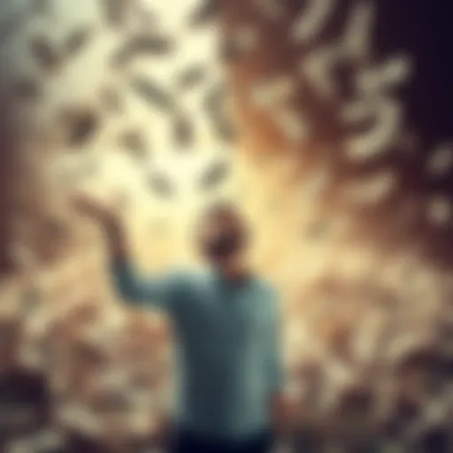 A man stands in front of a pile of cash, looking distressed as he throws dollar bills into the air, symbolizing lost money.