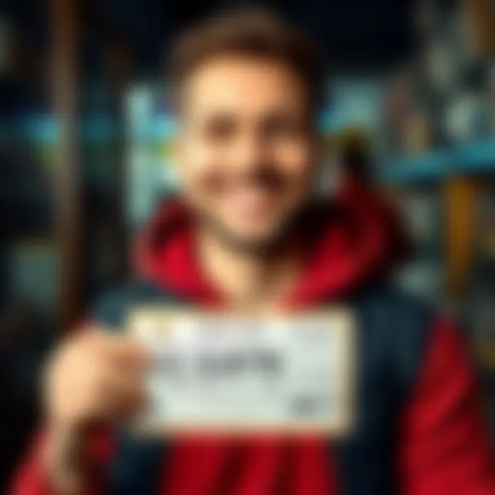 A smiling person in New York proudly shows their winning scratch-off ticket, celebrating their big lottery win.