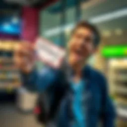 A happy lottery winner excitedly holding a winning ticket in Michigan