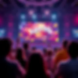 A group of excited people watching the live Lotto 2 drawing on a big screen, with colorful balls and lottery tickets visible.