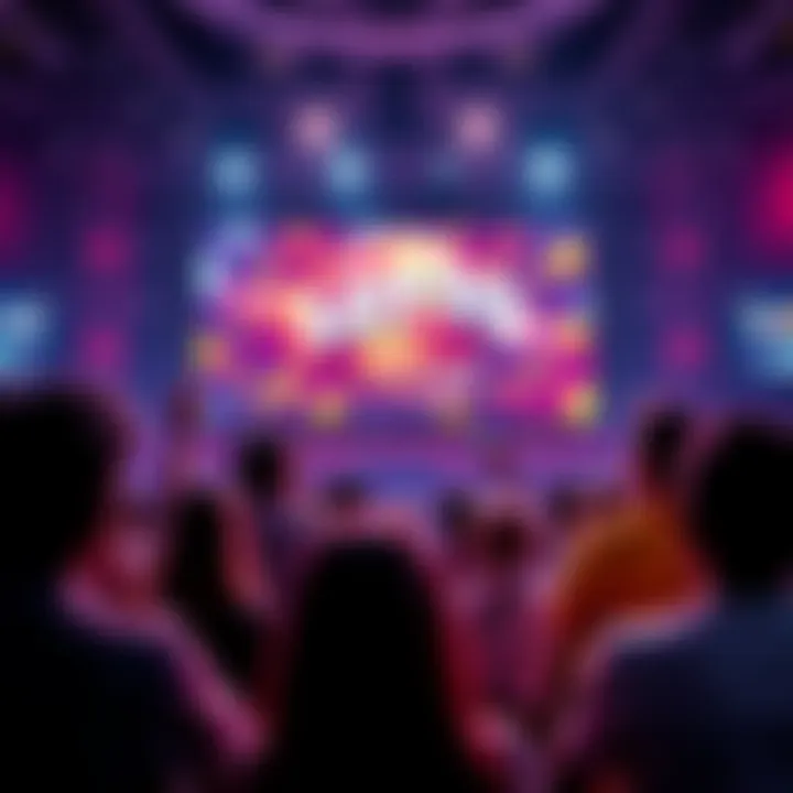 A group of excited people watching the live Lotto 2 drawing on a big screen, with colorful balls and lottery tickets visible.