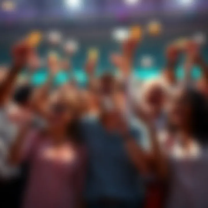 Group of happy people expressing confidence in winning the Lotto, holding tickets and cheering for the next drawing.