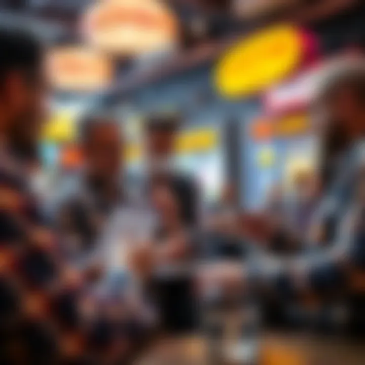A group of lottery players discussing strategies with tickets in hand at a local venue