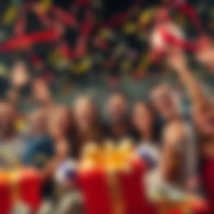 A group of excited people celebrating a Lotto win with confetti and smiles, surrounded by sparkling prizes and money.