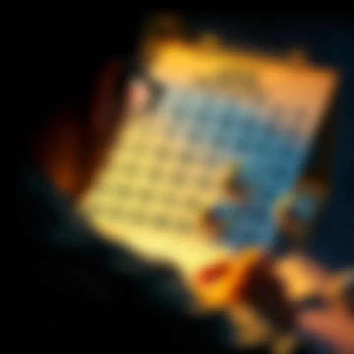 A person looking at a calendar with lottery numbers and notes around it, symbolizing research in lottery patterns.