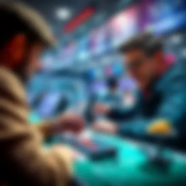 Low Risk Bet Concept A person placing a small bet of 2€ at a betting counter with a hopeful expression, surrounded by betting slips and a calculator indicating potential winnings.