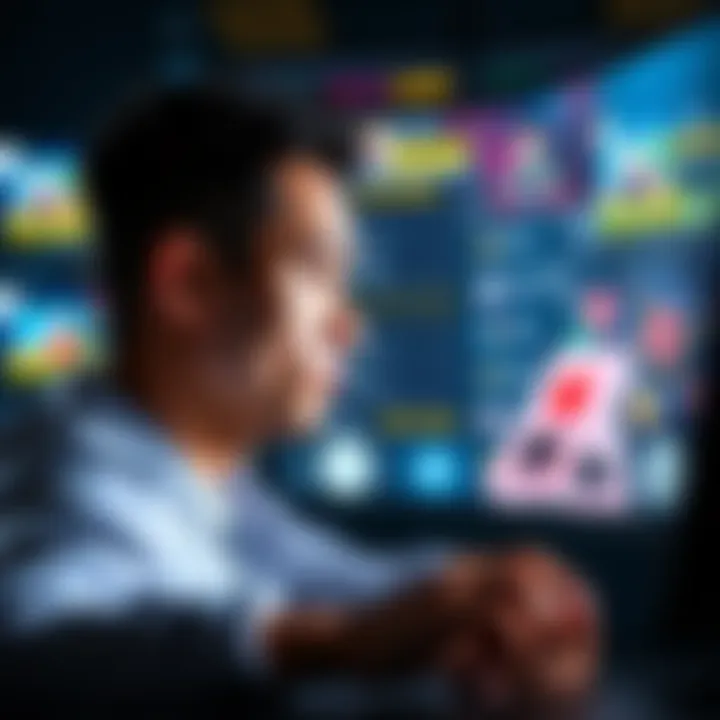 A person looking at various gaming options on a screen with dice and cards in the background.