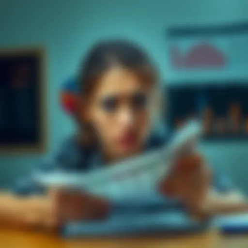 A person looking worried while reviewing their score sheet, showing disappointment at not reaching the goal, with charts and notes in the background.