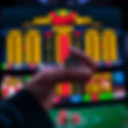 A close-up of a person holding a coin in front of a betting game screen, showcasing the option to place small bets.