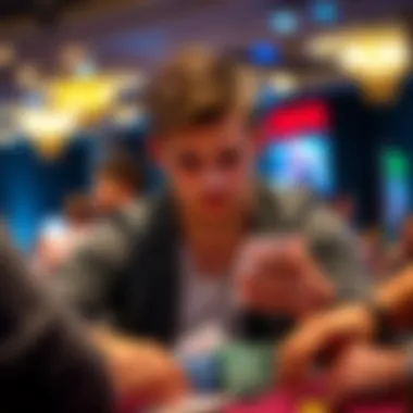 Lucas Jumalon playing cards at the WSOP Main Event, showing focus and intensity while interacting with other players.
