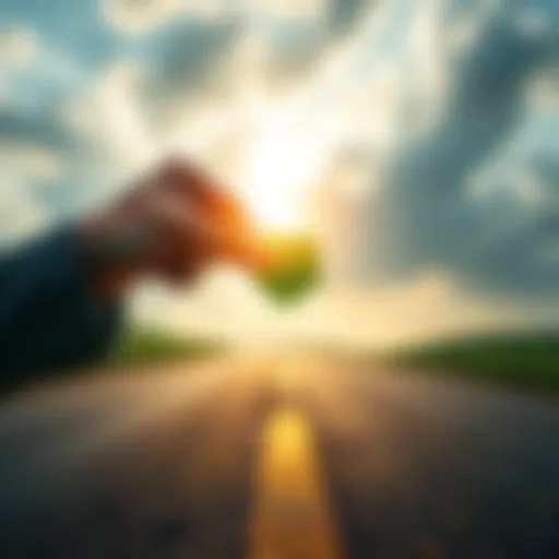 A person holding a four-leaf clover standing at a crossroads, symbolizing choices and the mix of luck and hard work in life.