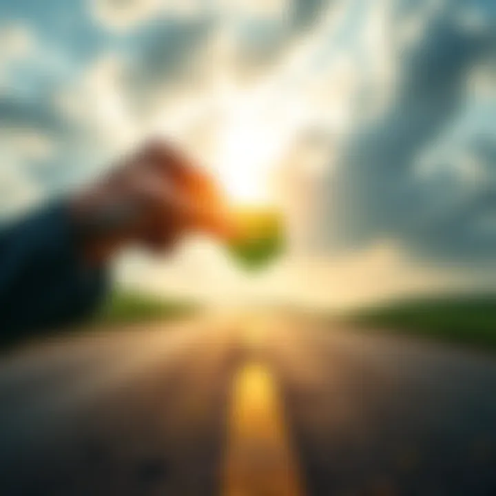 A person holding a four-leaf clover standing at a crossroads, symbolizing choices and the mix of luck and hard work in life.