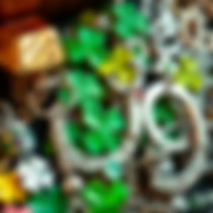 A variety of lucky charms and symbols displayed together, including four-leaf clovers and horseshoes, representing good fortune.