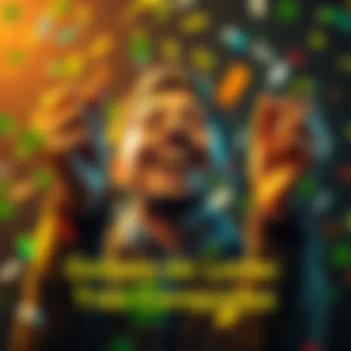 A person celebrating three achievements with a joyful expression, surrounded by symbols of luck like a four-leaf clover and confetti.