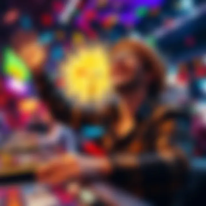 A joyful gambler celebrating a big win at a game, surrounded by colorful confetti and bright lights, showcasing excitement and victory.