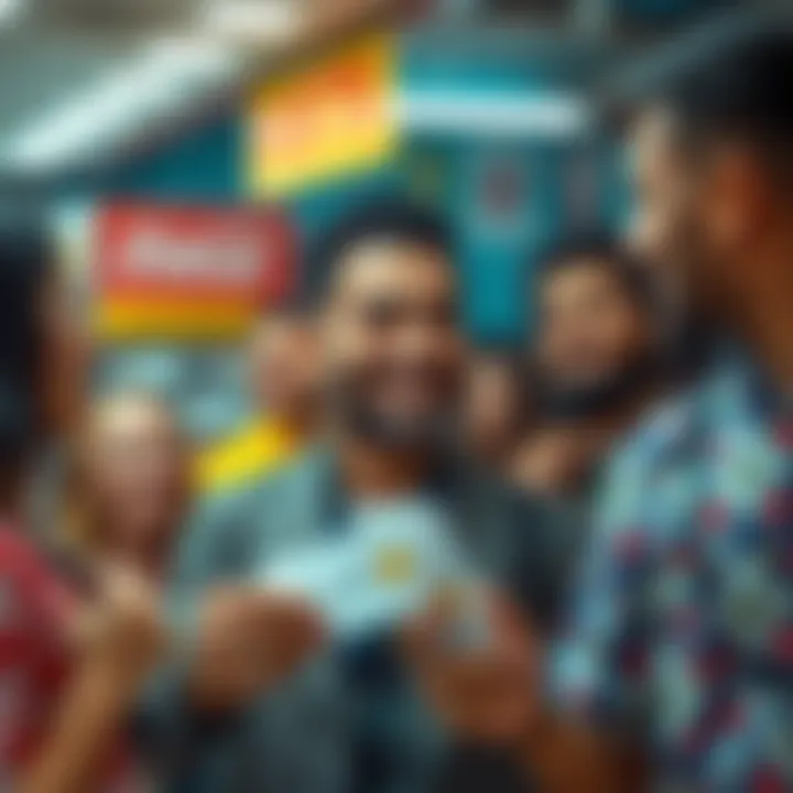 A cheerful lottery vendor smiling while holding a lottery ticket and surrounded by happy customers