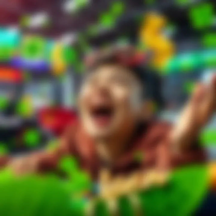 Lucky sports betting day A person excitedly placing sports bets with a joyful expression, surrounded by symbols of luck like dollar signs and four-leaf clovers.