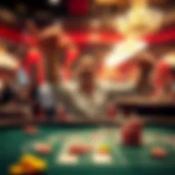 A player excitedly celebrates a small win at a gambling table after making minimal bets following a big loss.