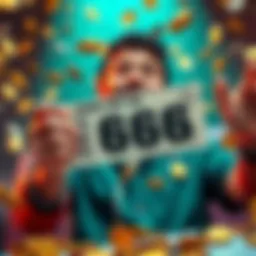 A person celebrating a win while holding a lottery ticket with the number 666, surrounded by coins and cash, symbolizing good luck and fortune.