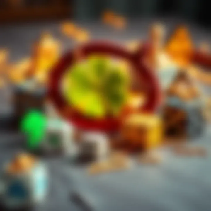 A collection of lucky charm symbols like a horseshoe, four-leaf clover, and a dice arranged on a table