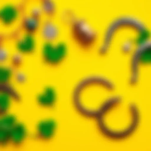 A collection of lucky charms, like four-leaf clovers and horseshoes, arranged on a bright background, symbolizing good fortune and positivity.