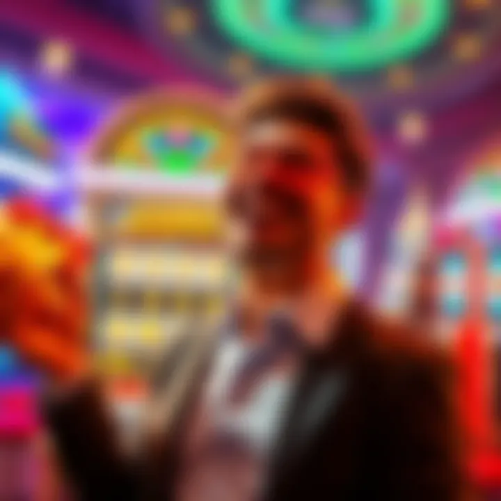 A celebratory scene of a person smiling joyfully after winning a jackpot, surrounded by colorful casino graphics and a large payout display
