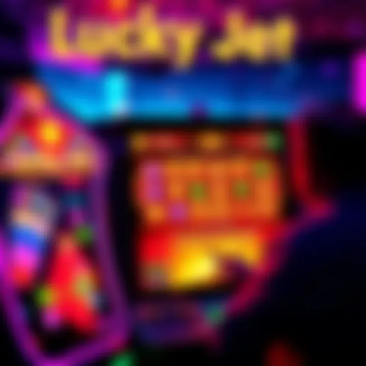 A vibrant display showing the Lucky Jet game interface with colorful graphics and a player placing a bet.