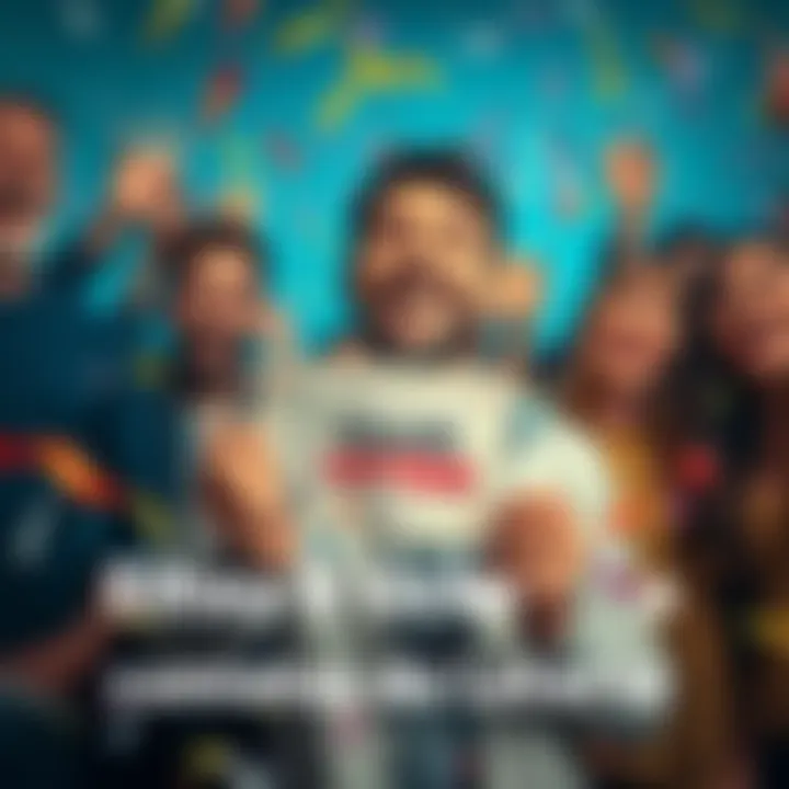 A joyful person holding a winning lottery ticket with a big smile, surrounded by confetti and cheering friends.