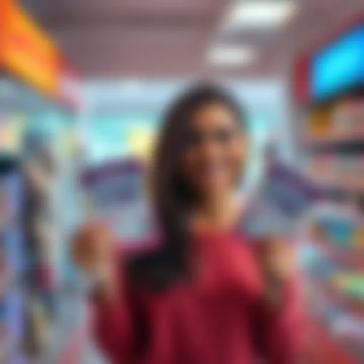 A woman holding two lottery tickets with winning amounts displayed, smiling with excitement in a bright store setting.