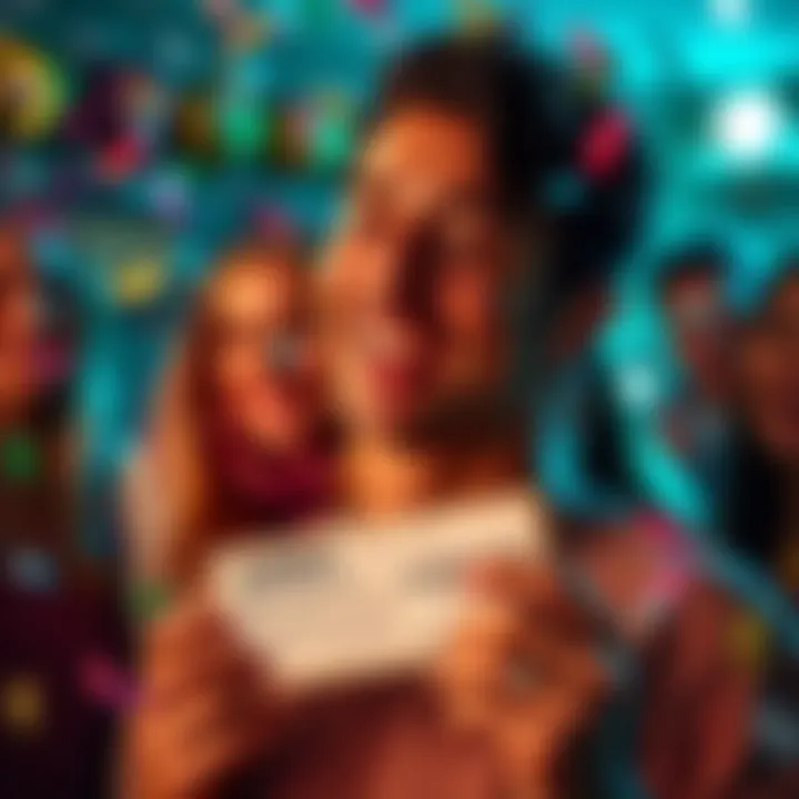 A person smiling while holding a winning lottery ticket, surrounded by confetti and joyful friends.