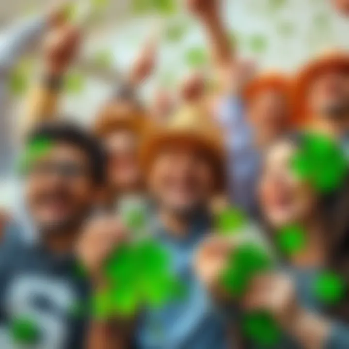 A collage of people celebrating good fortune, smiling with winning lottery tickets, and finding four-leaf clovers.