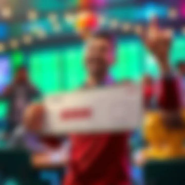 A happy person holding a $500 check, smiling broadly in a lively setting, celebrating their unexpected win.