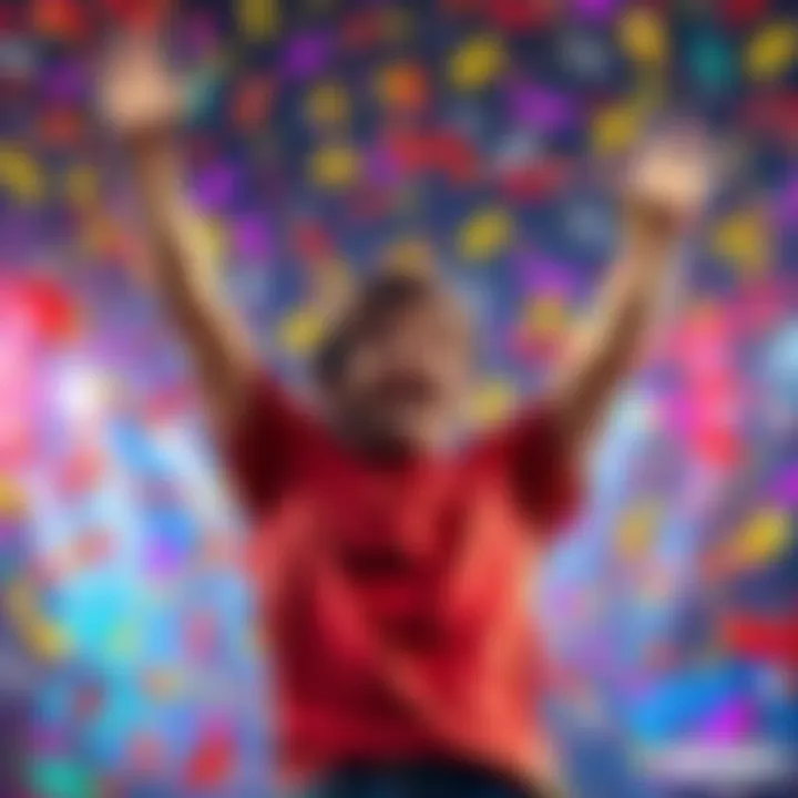 A joyful person with arms raised in celebration surrounded by colorful confetti, representing success and good fortune in games.