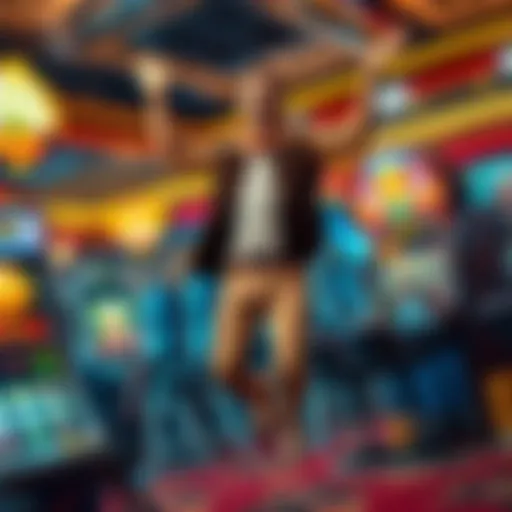 A joyful person jumping in excitement after winning a jackpot, with casino elements in the background