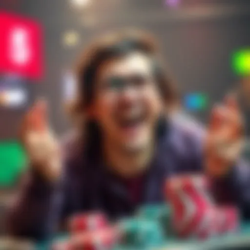 A joyful player with a big smile shows off winning chips after a successful game strategy in Iron.