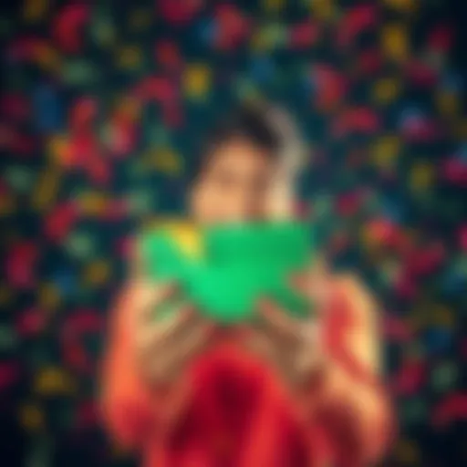 A person holding a gift box with a big smile, surrounded by confetti, symbolizing excitement about winning prizes from boosted packages.