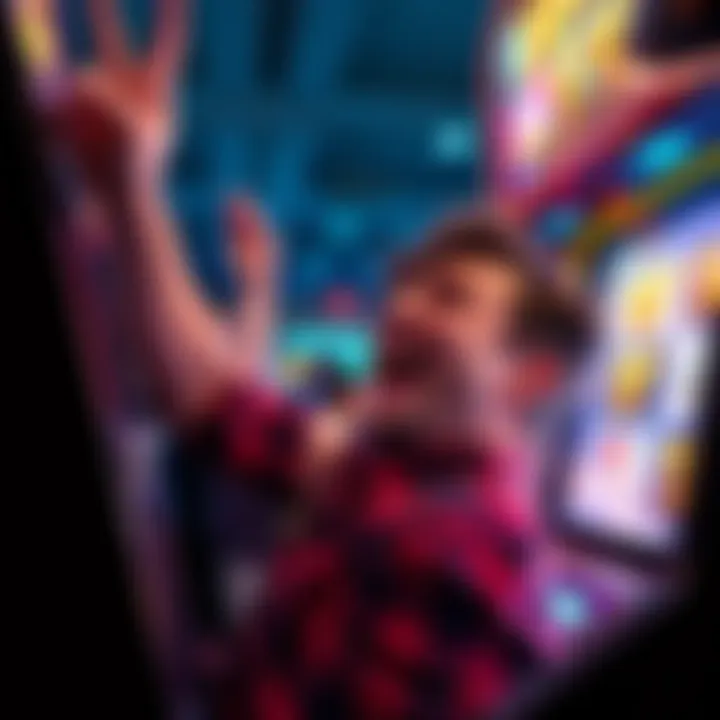 Lucky slot machine win A person excitedly celebrating a big win at a slot machine, showing joy and surprise